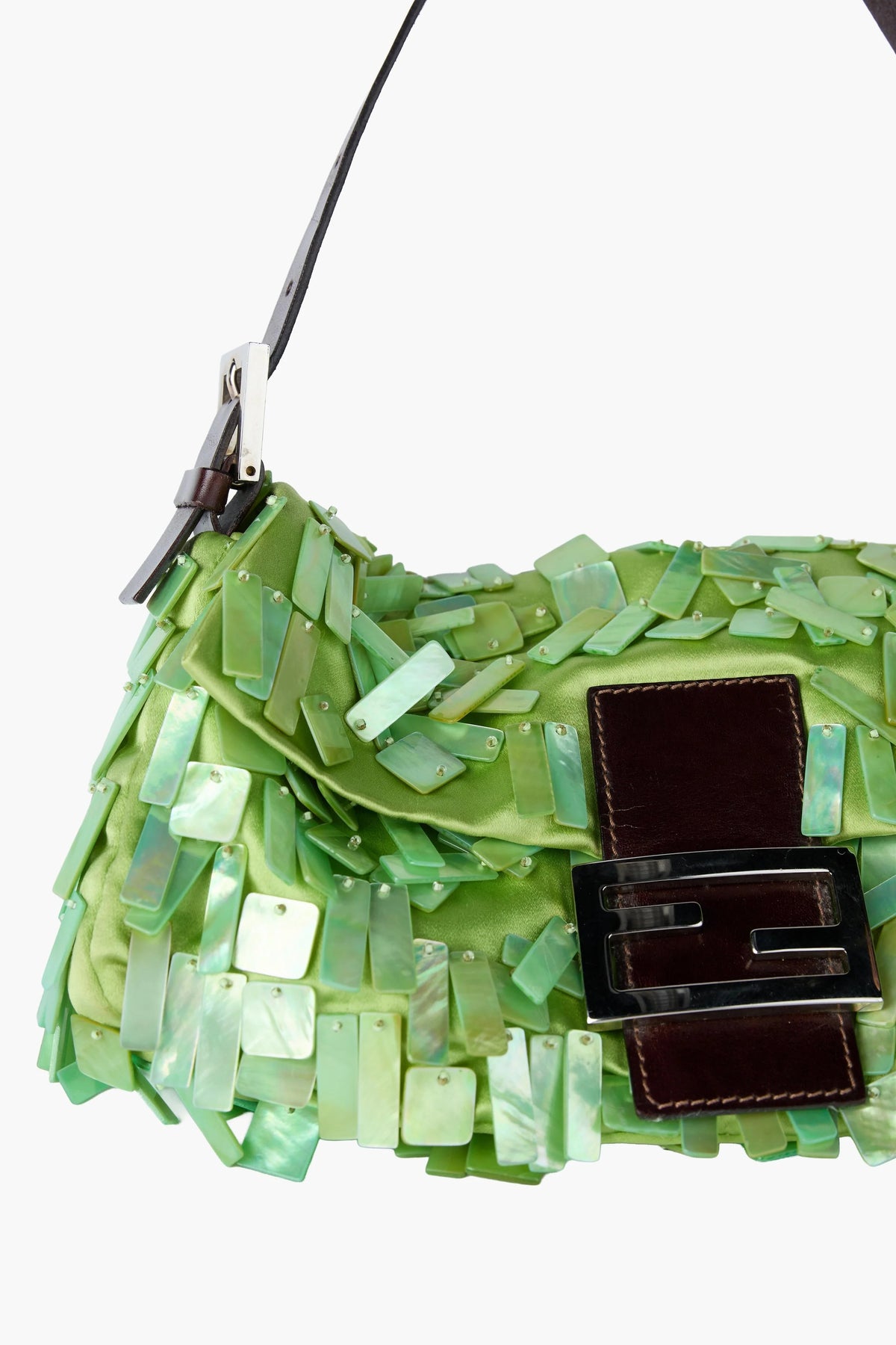 Fendi Rare Green Satin and Mother of Pearl Shell Baguette