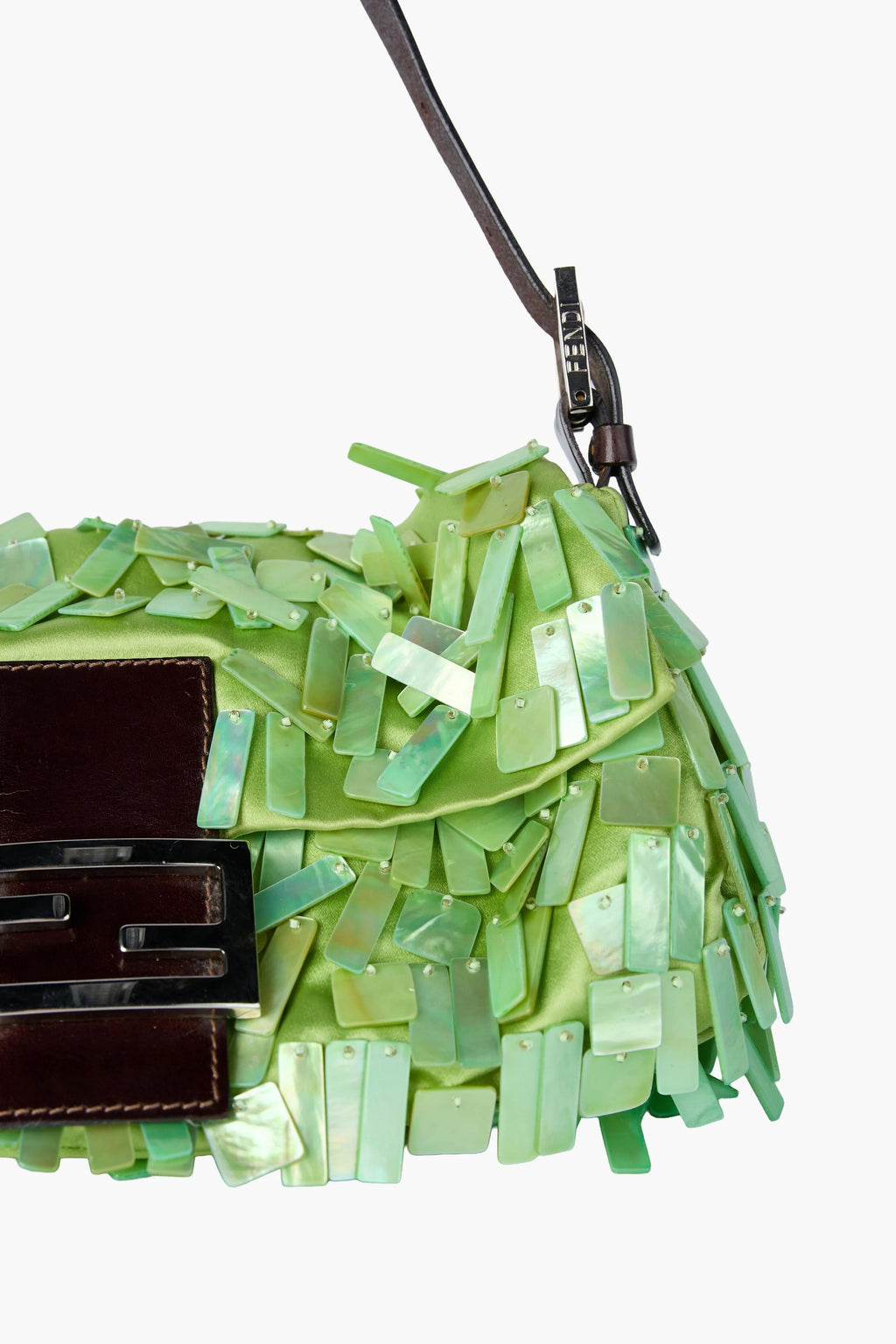 Fendi Rare Green Satin and Mother of Pearl Shell Baguette
