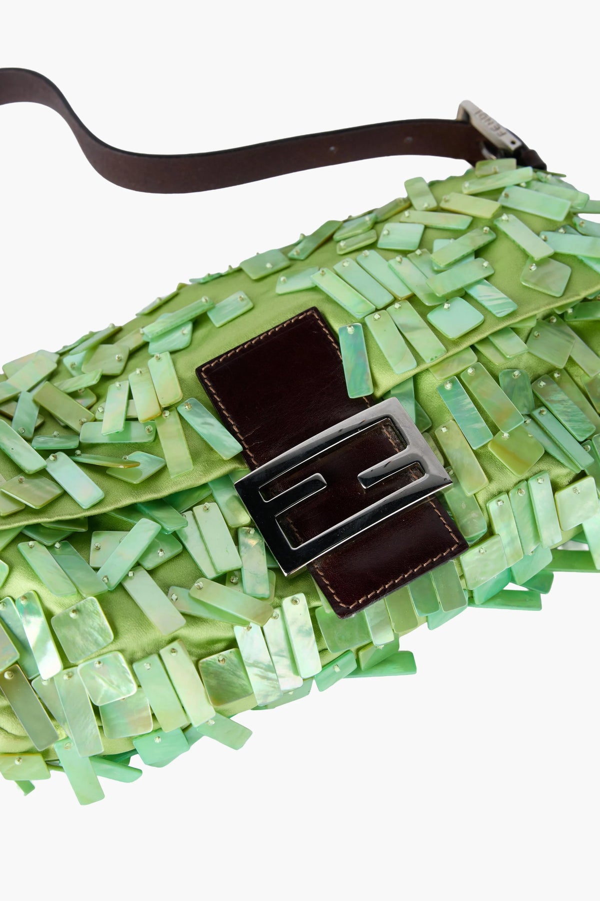 Fendi Rare Green Satin and Mother of Pearl Shell Baguette