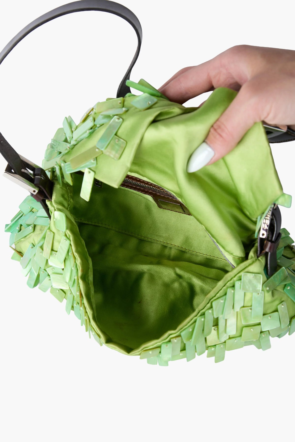 Fendi Rare Green Satin and Mother of Pearl Shell Baguette