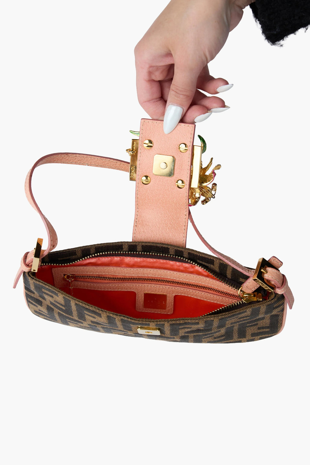 Fendi Enamel Salmon Zucca Canvas Baguette Pochette