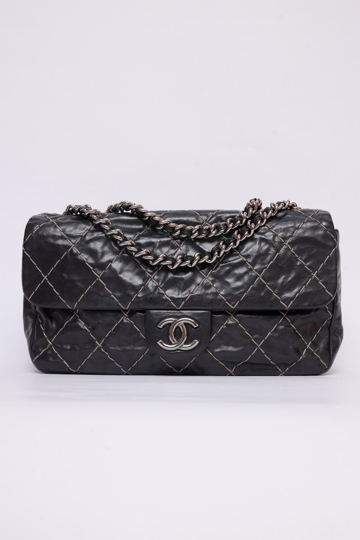 CHANEL BLACK GLAZED DOUBLE STITCH FLAP