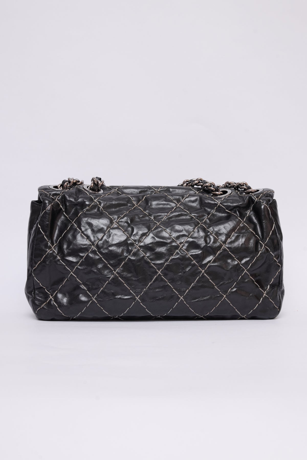 CHANEL BLACK GLAZED DOUBLE STITCH FLAP