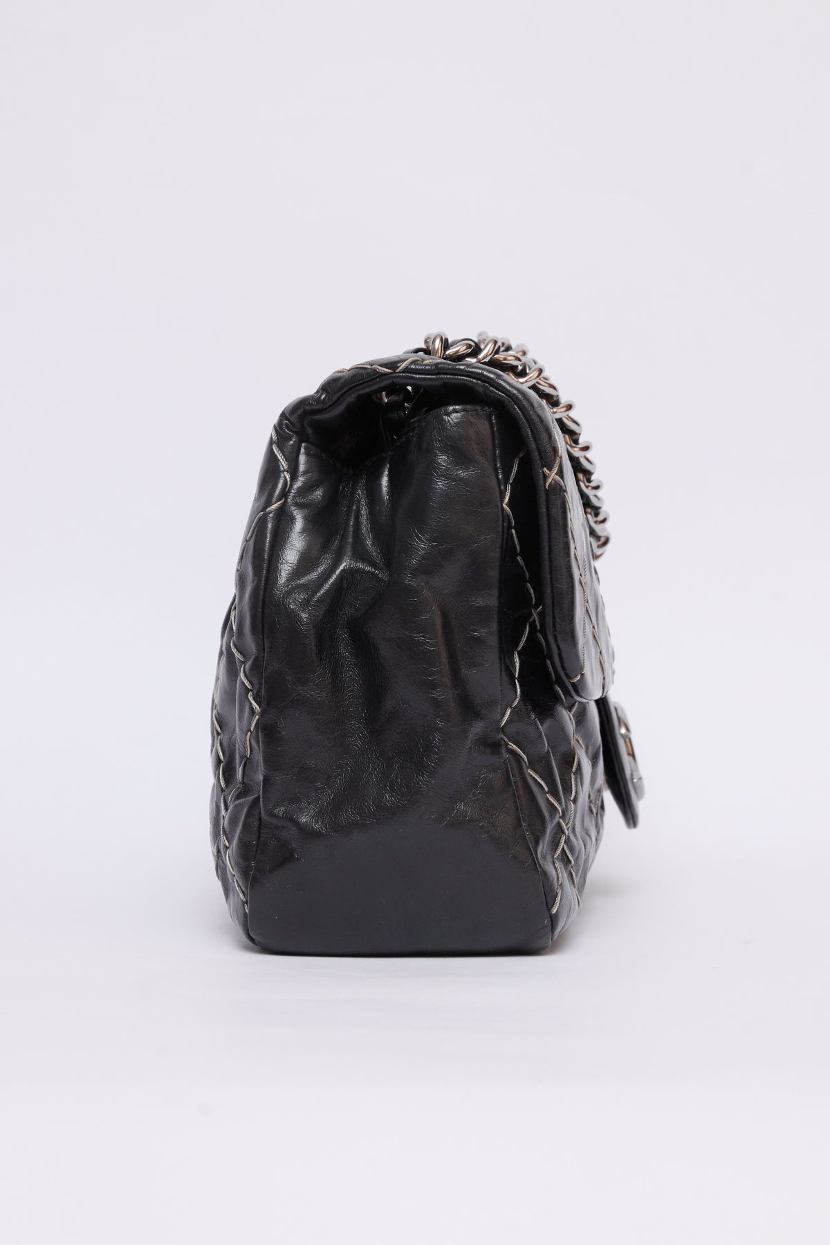 CHANEL BLACK GLAZED DOUBLE STITCH FLAP