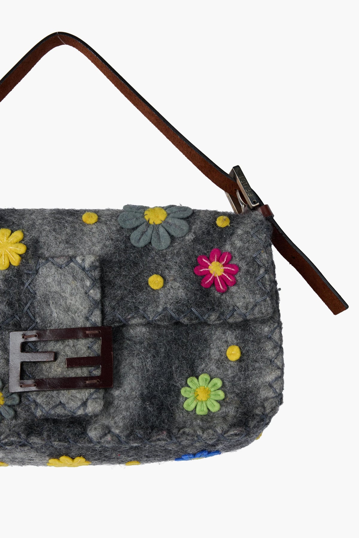 Fendi Grey Wool Felt Floral Appliqué Baguette
