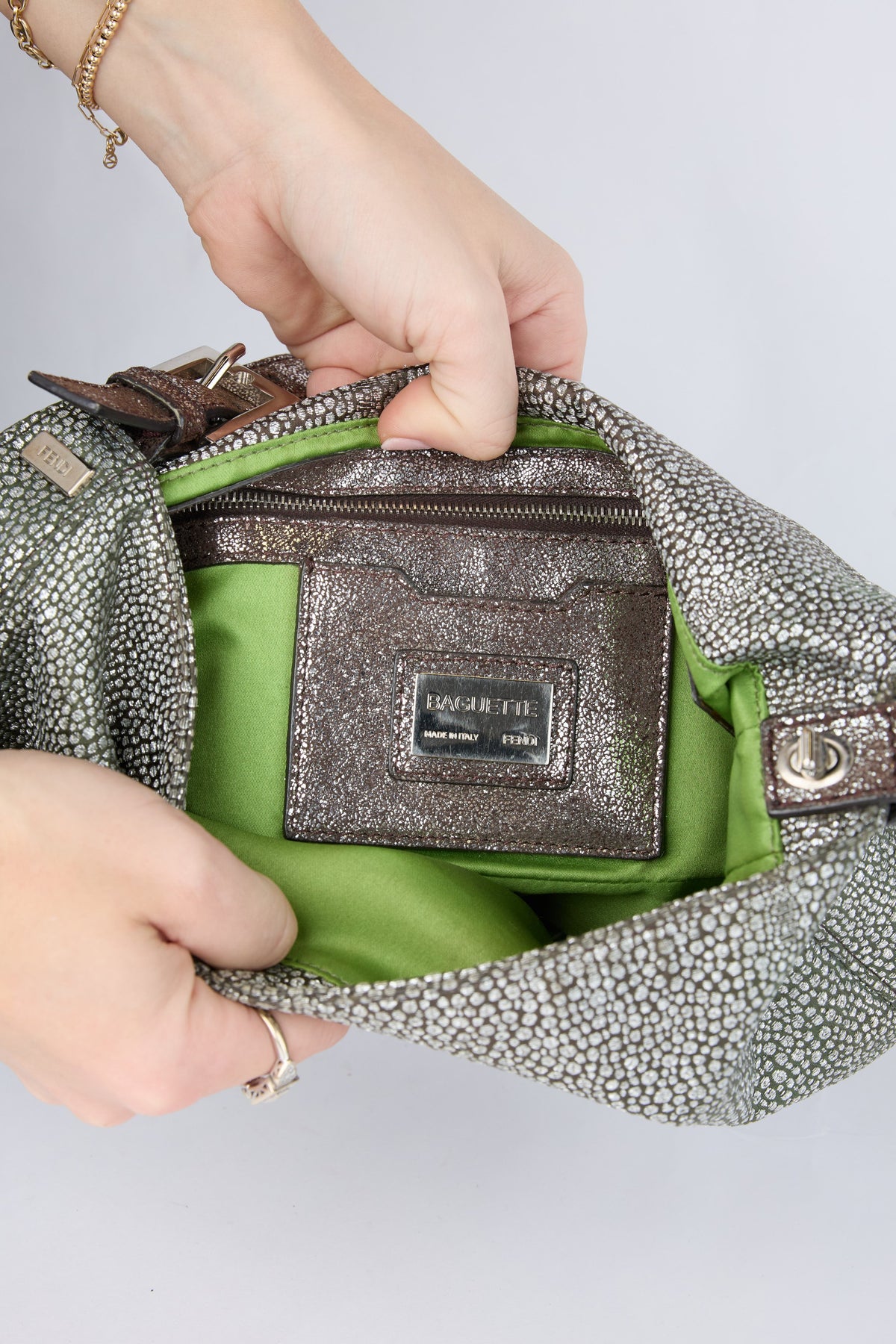 FENDI SILVER PEBBLED BAGUETTE