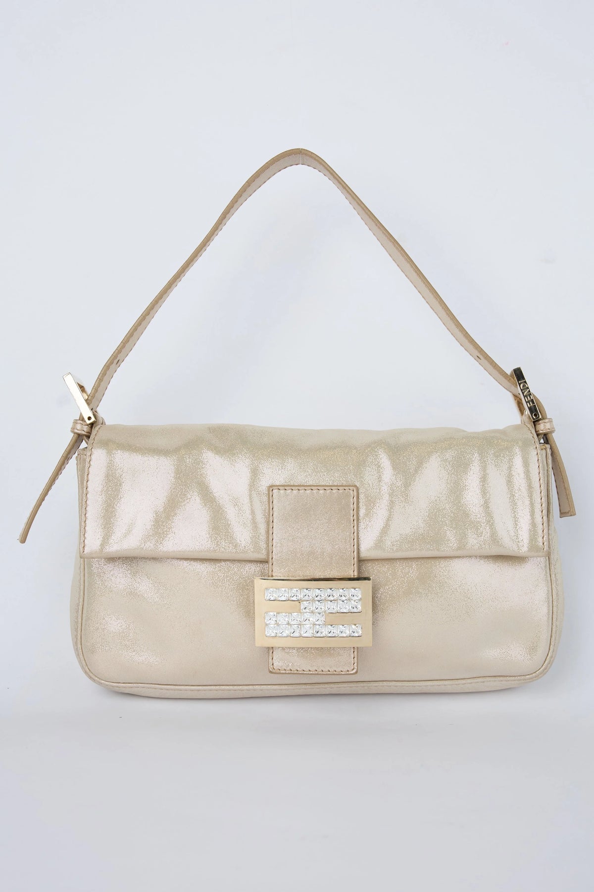 FENDI CHAMPAGNE CRYSTAL BUCKLE BAGUETTE