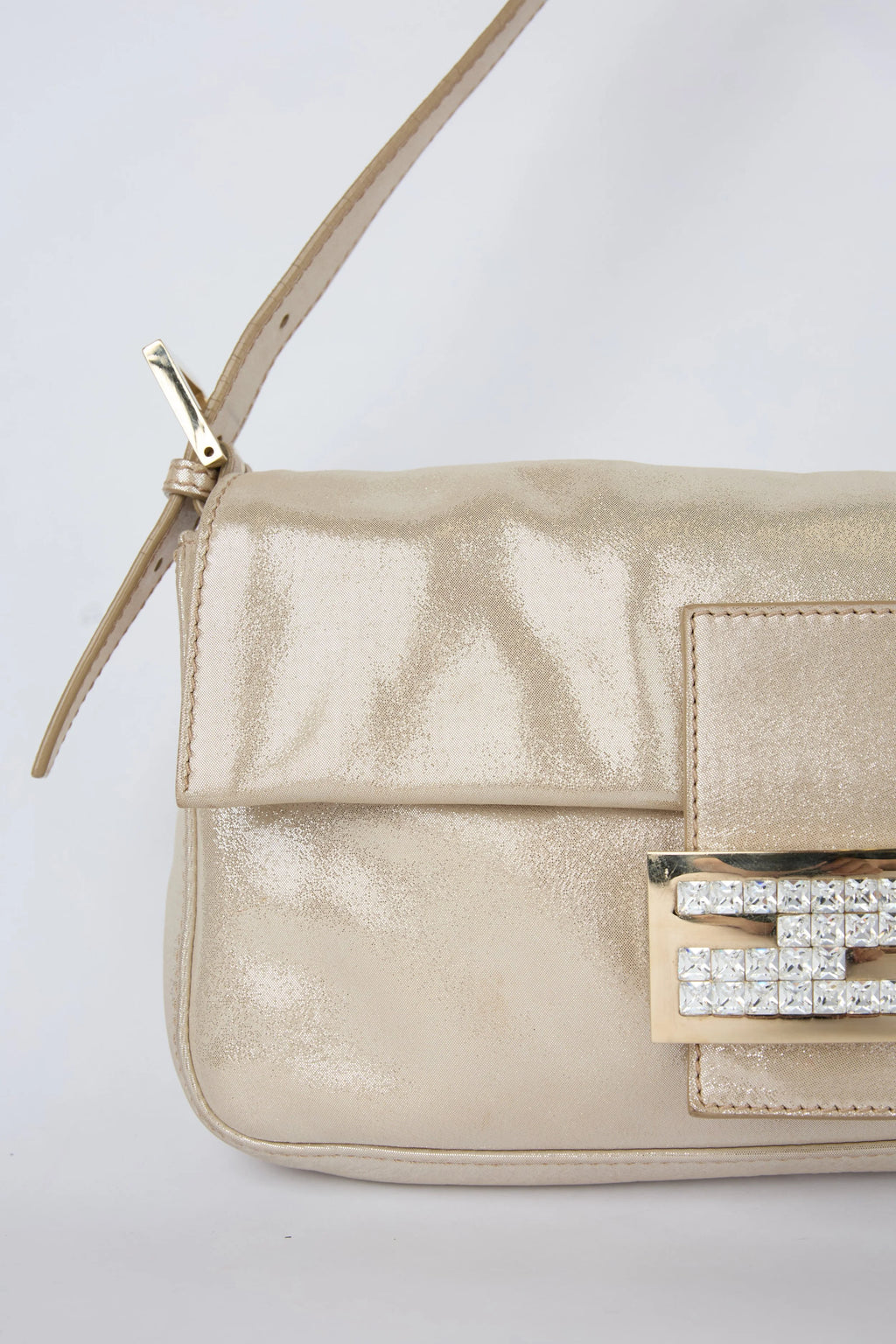 FENDI CHAMPAGNE CRYSTAL BUCKLE BAGUETTE