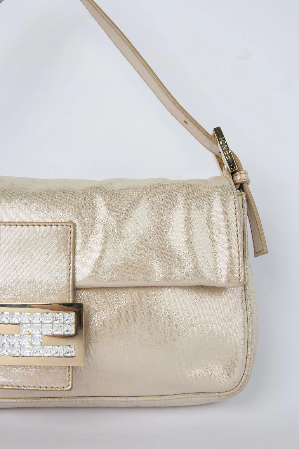 FENDI CHAMPAGNE CRYSTAL BUCKLE BAGUETTE