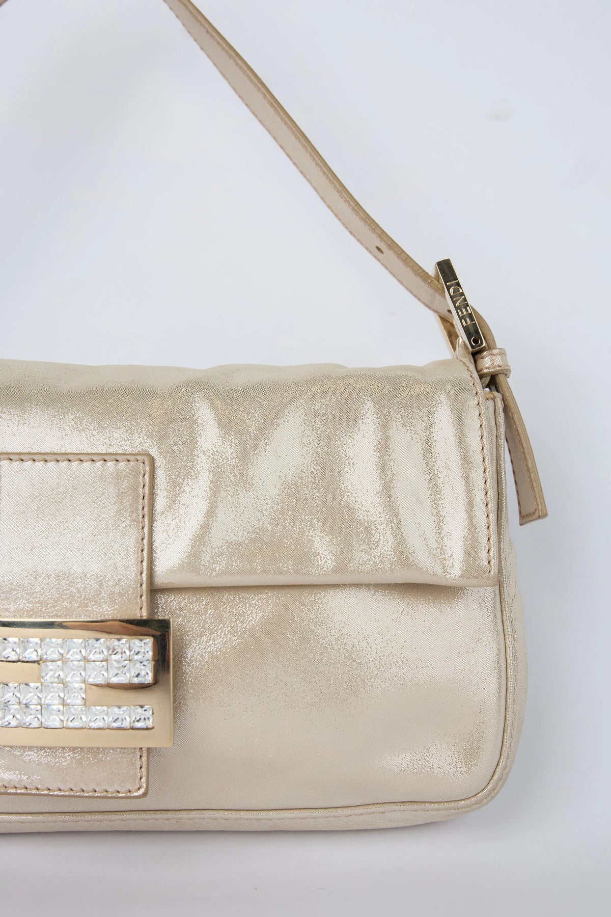 FENDI CHAMPAGNE CRYSTAL BUCKLE BAGUETTE
