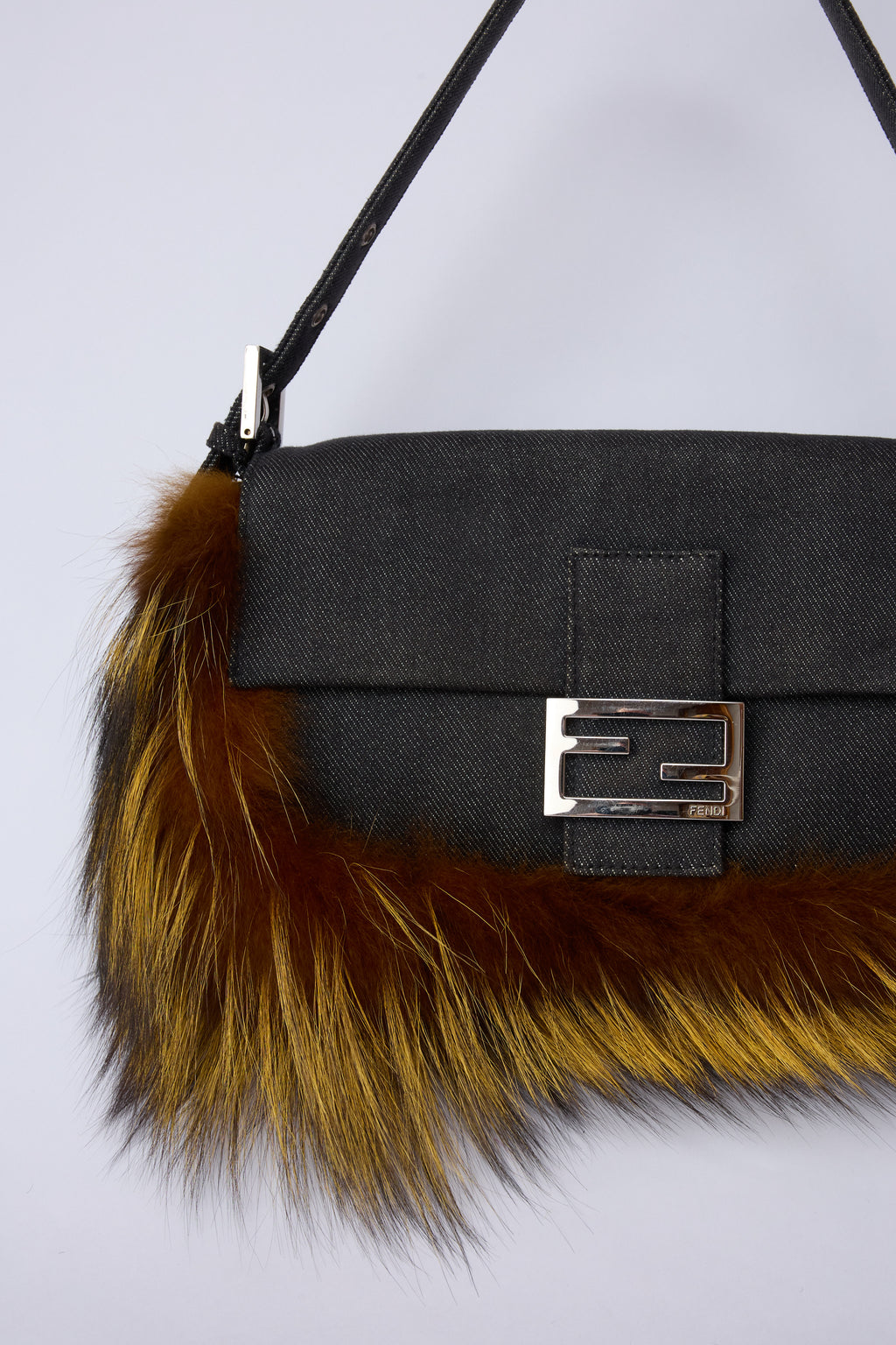 FENDI DENIM & FOX-TAIL BAGUETTE