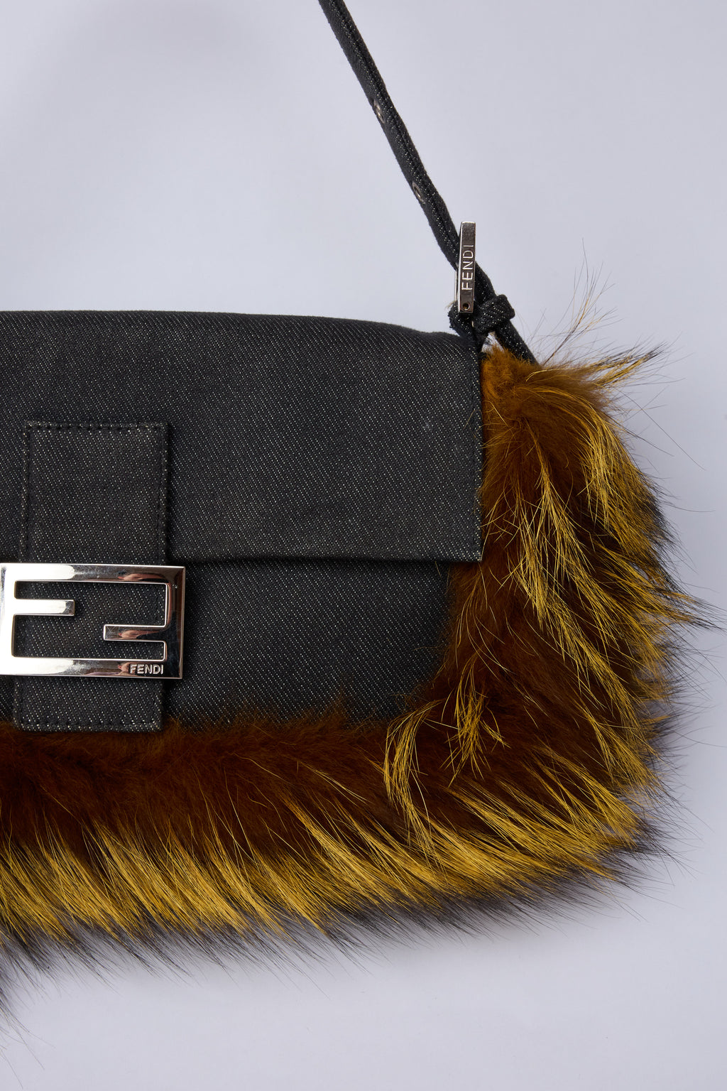 FENDI DENIM & FOX-TAIL BAGUETTE