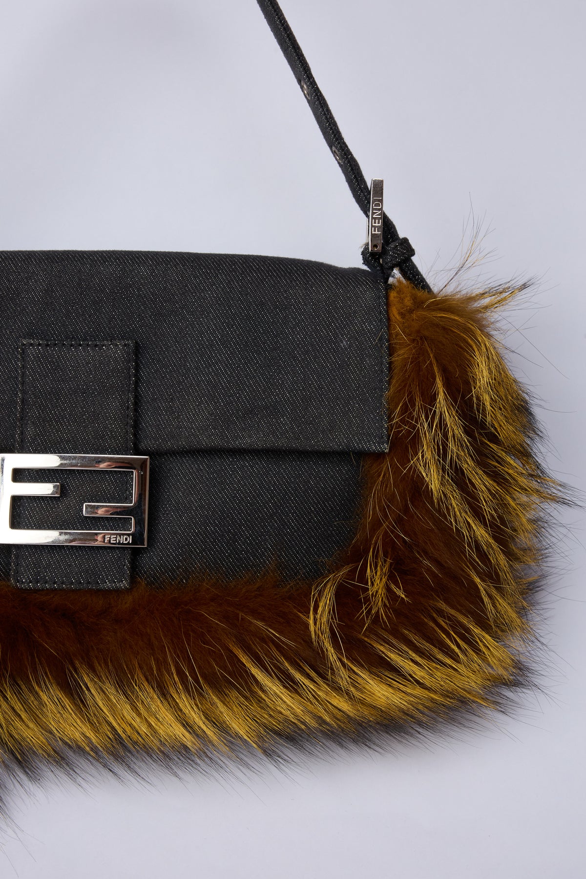 FENDI DENIM & FOX-TAIL BAGUETTE