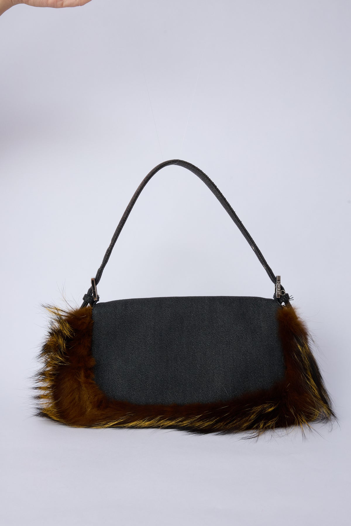 FENDI DENIM & FOX-TAIL BAGUETTE