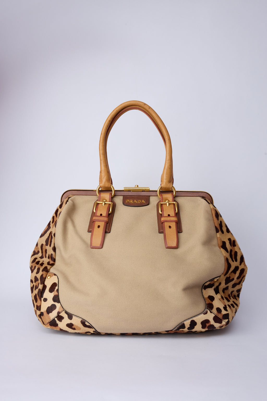 PRADA CANVAS & ANIMAL-PRINT PONY HAIR WORK BAG