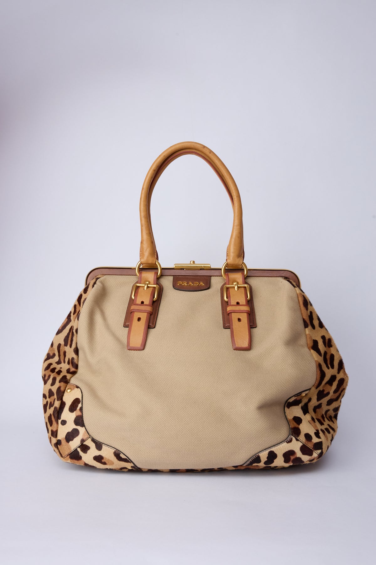 PRADA CANVAS & ANIMAL-PRINT PONY HAIR WORK BAG