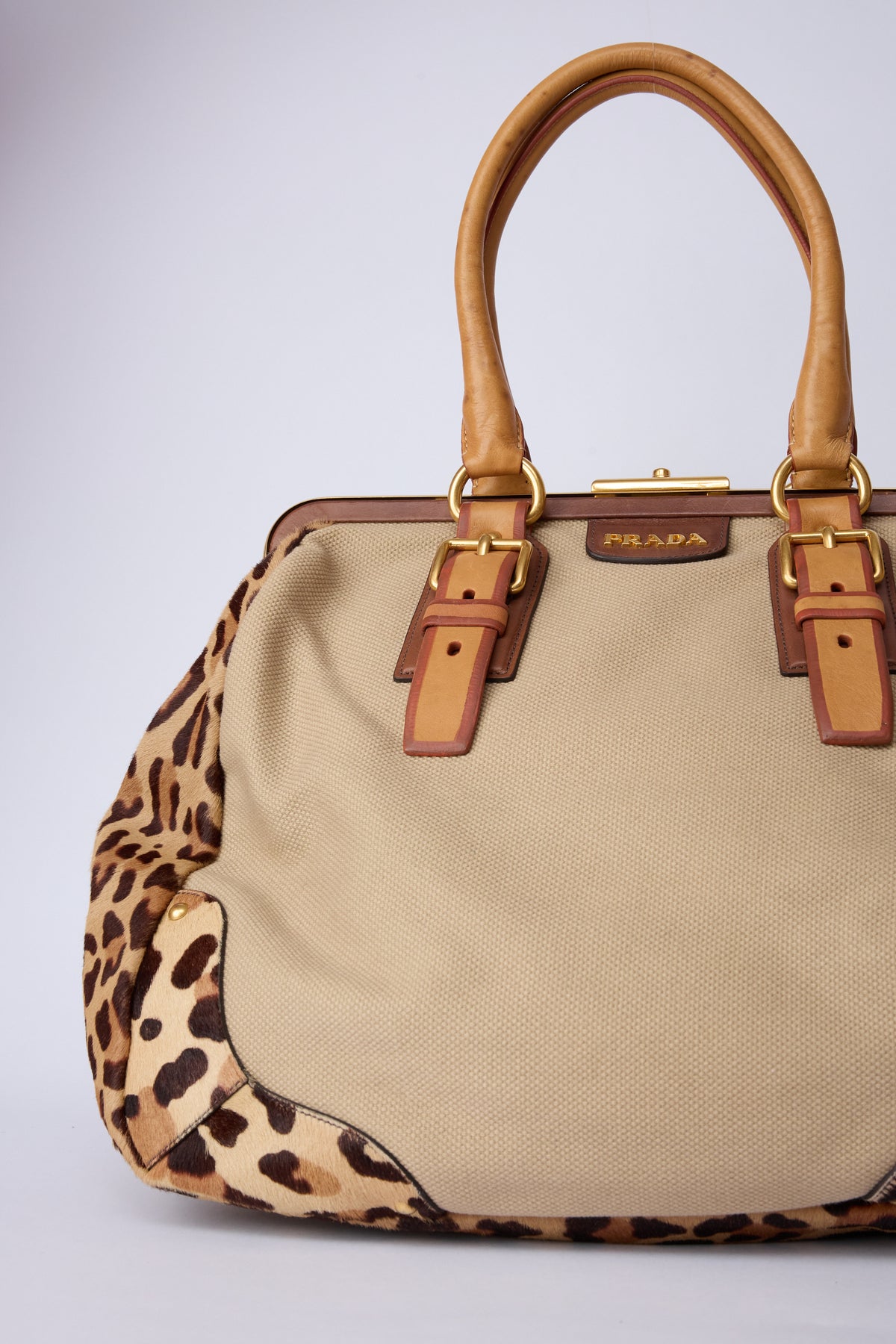 PRADA CANVAS & ANIMAL-PRINT PONY HAIR WORK BAG