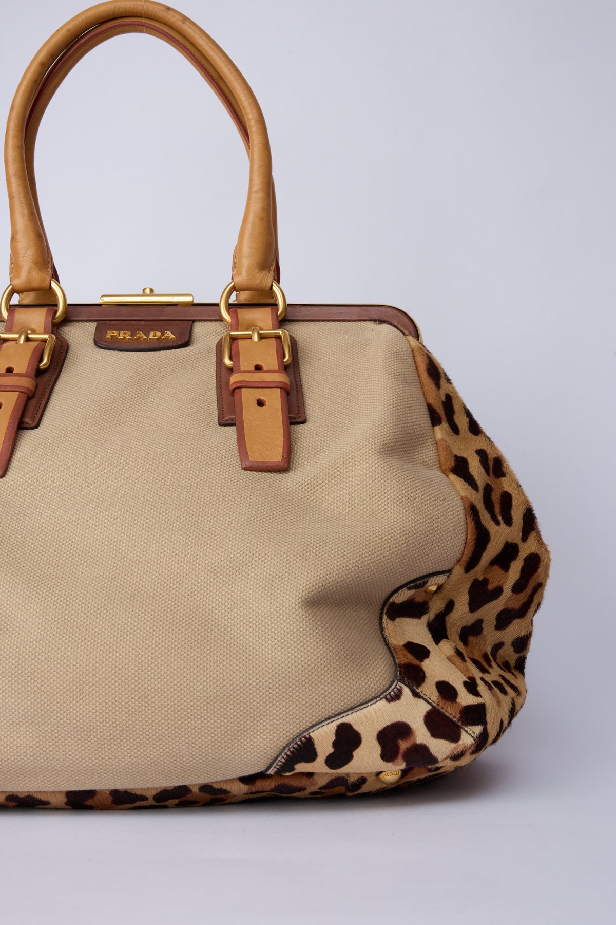 PRADA CANVAS & ANIMAL-PRINT PONY HAIR WORK BAG