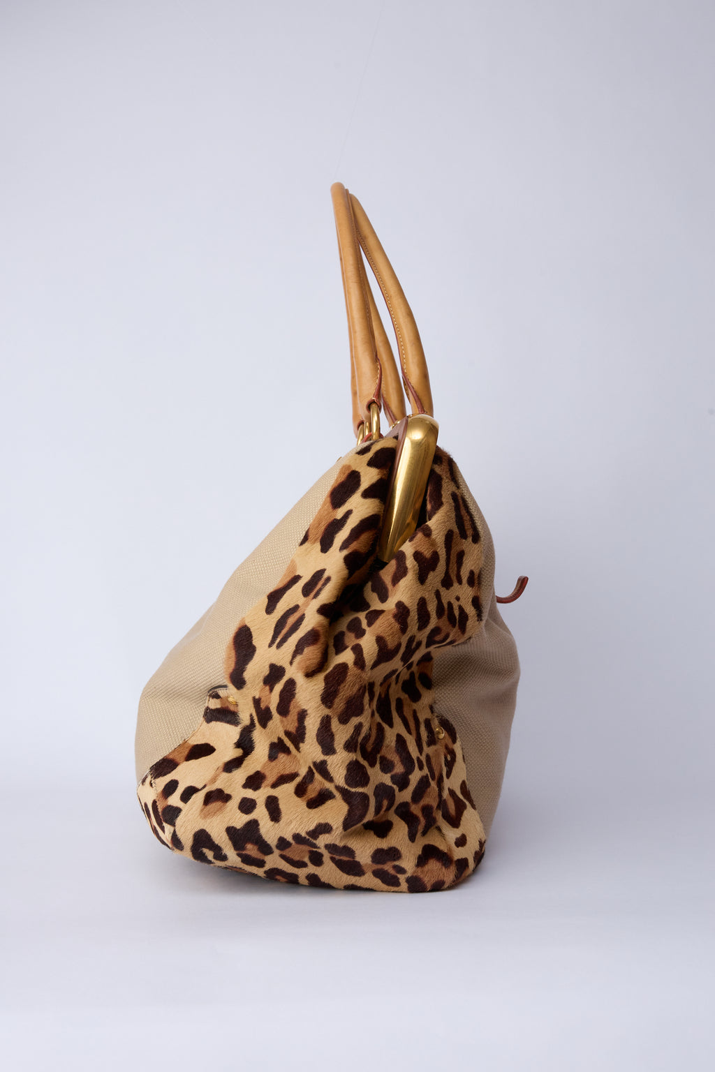 PRADA CANVAS & ANIMAL-PRINT PONY HAIR WORK BAG