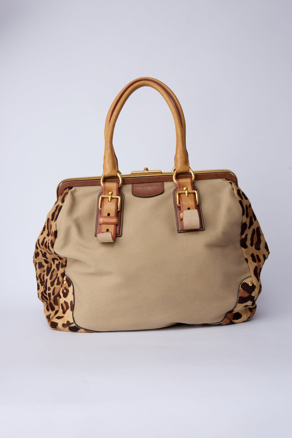 PRADA CANVAS & ANIMAL-PRINT PONY HAIR WORK BAG