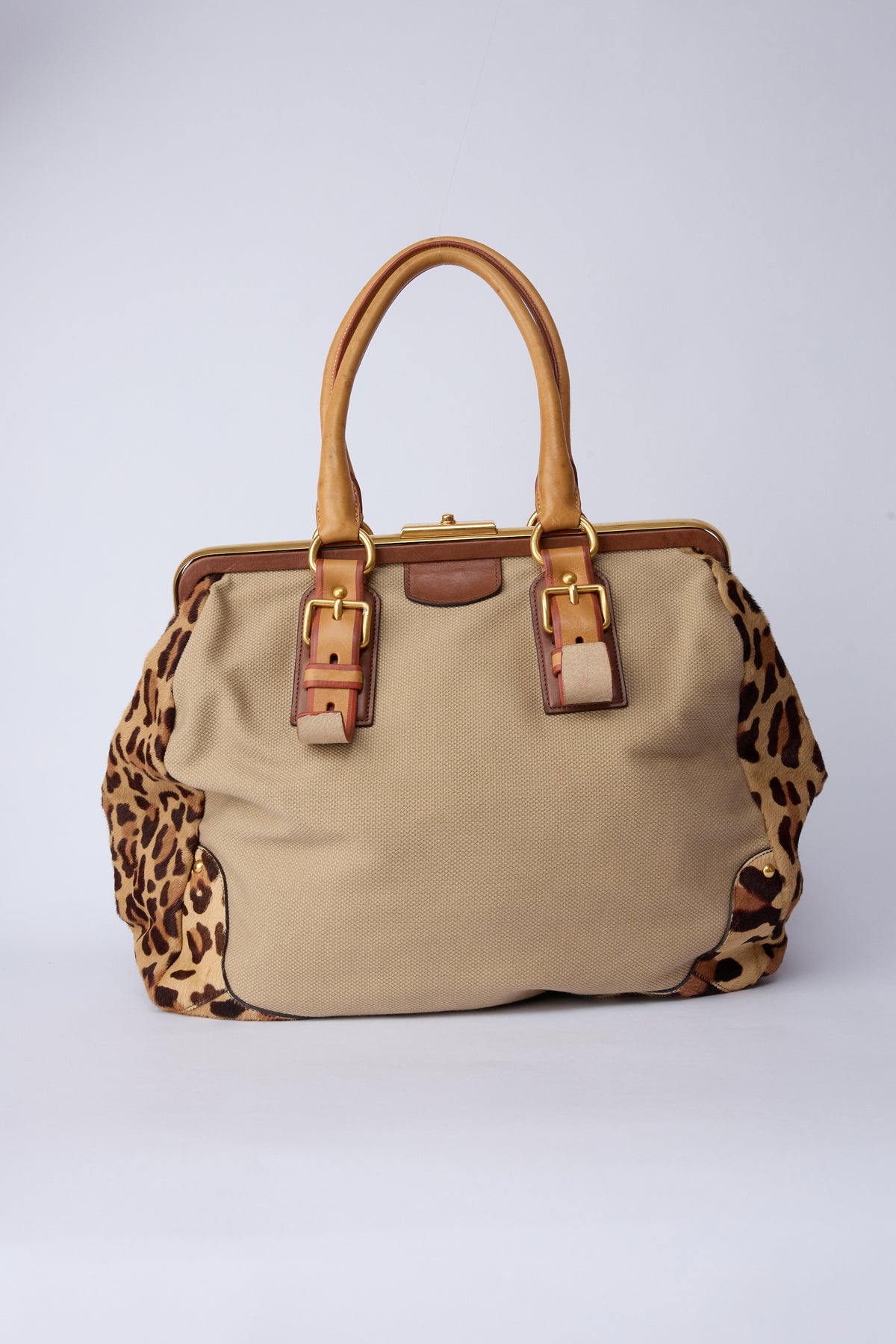 PRADA CANVAS & ANIMAL-PRINT PONY HAIR WORK BAG
