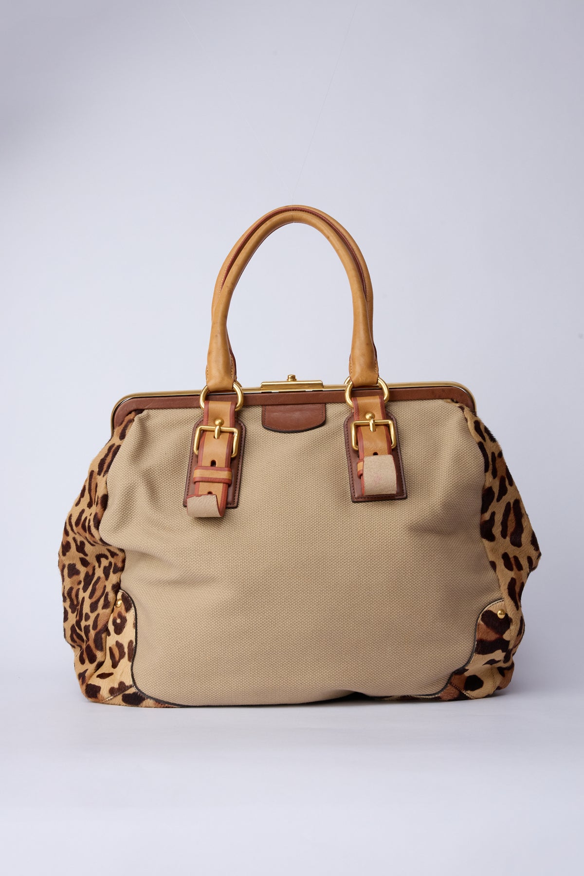 PRADA CANVAS & ANIMAL-PRINT PONY HAIR WORK BAG