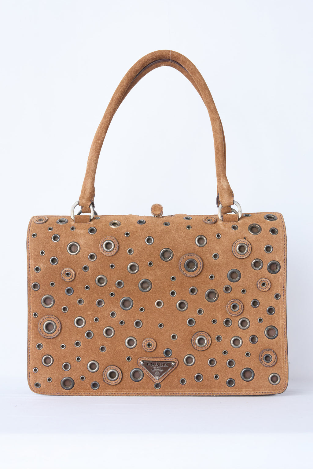 PRADA BROWN SUEDE GROMMET FRAME SATCHEL