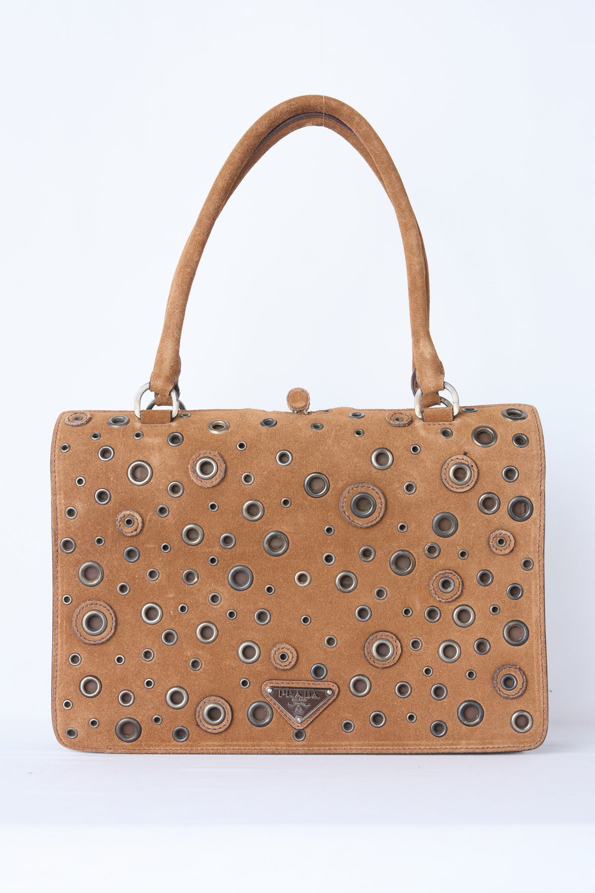 PRADA BROWN SUEDE GROMMET FRAME SATCHEL