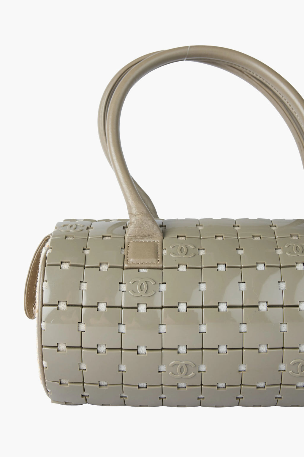 Chanel Gray Lucite & Tweed Puzzle Barrel Handbag