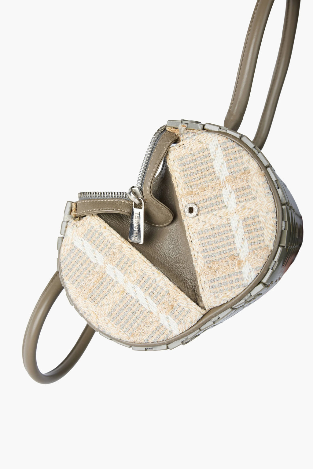 Chanel Gray Lucite & Tweed Puzzle Barrel Handbag