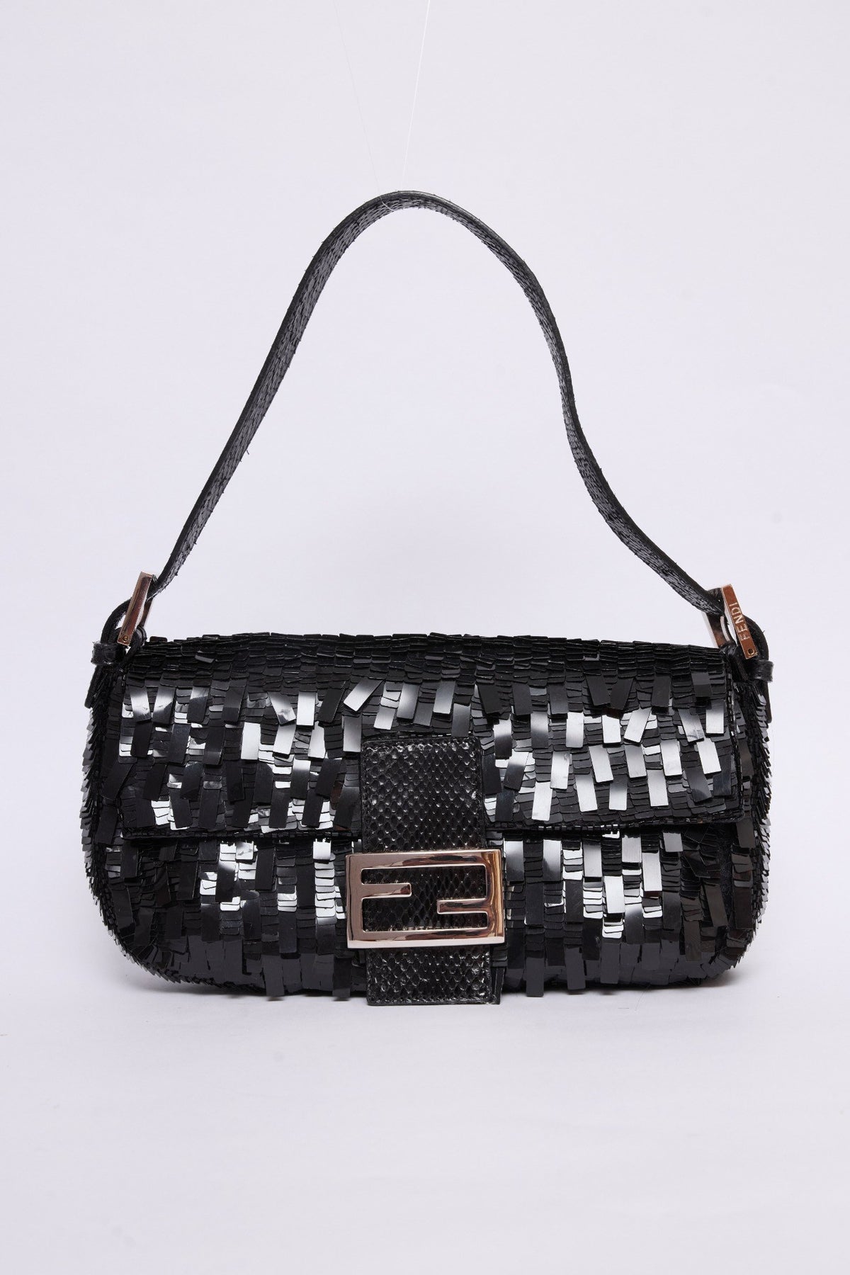 FENDI BLACK SEQUIN & PYTHON TRIM BAGUETTE