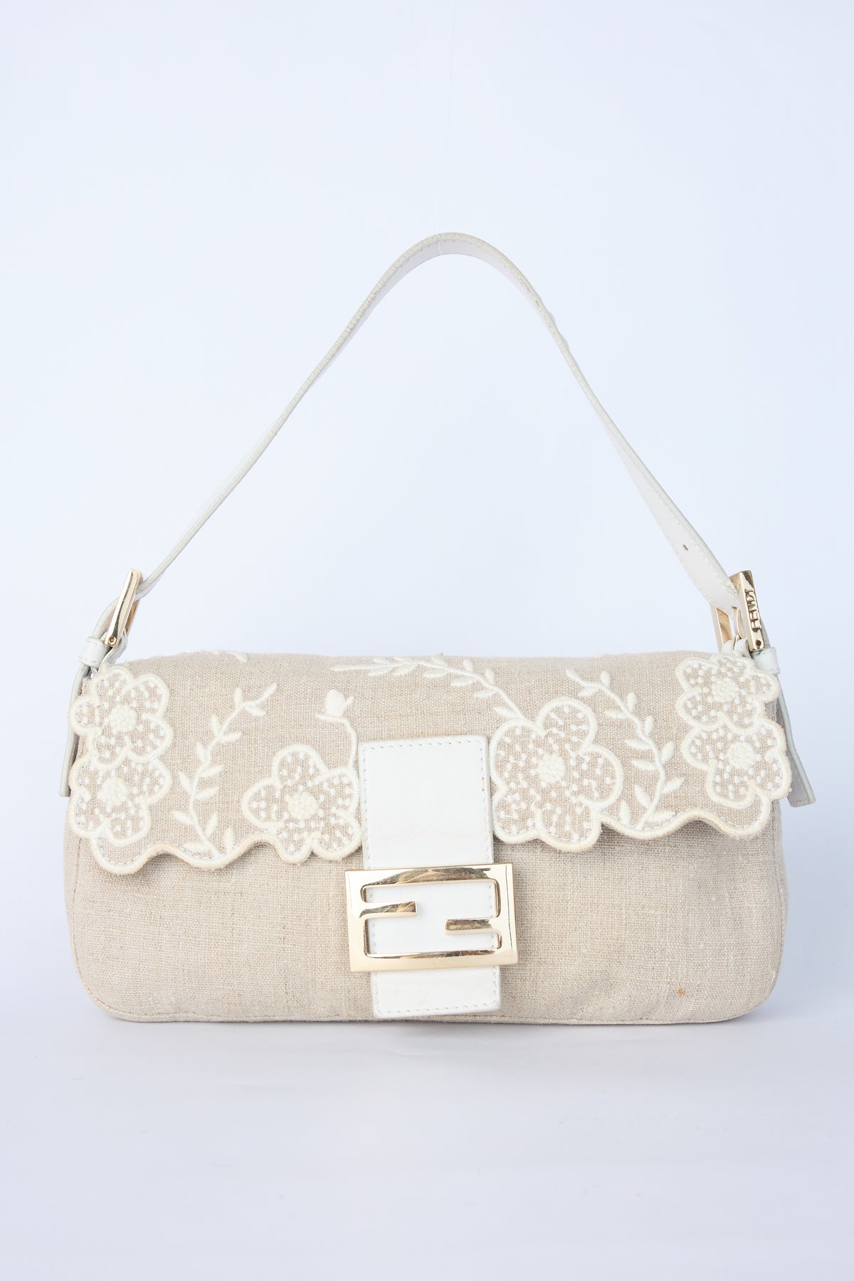 FENDI LINEN FLORAL EMBROIDERED BAGUETTE