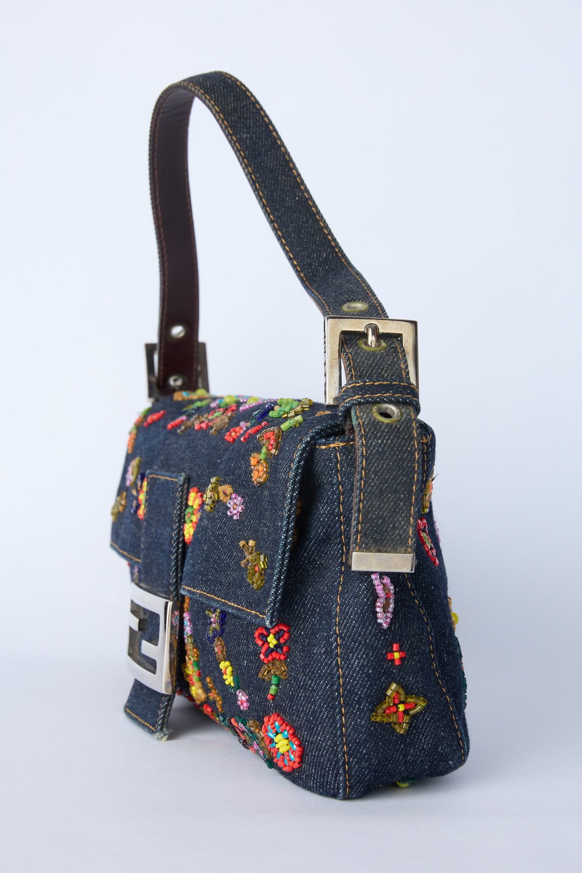 FENDI DENIM BEADED BAGUETTE