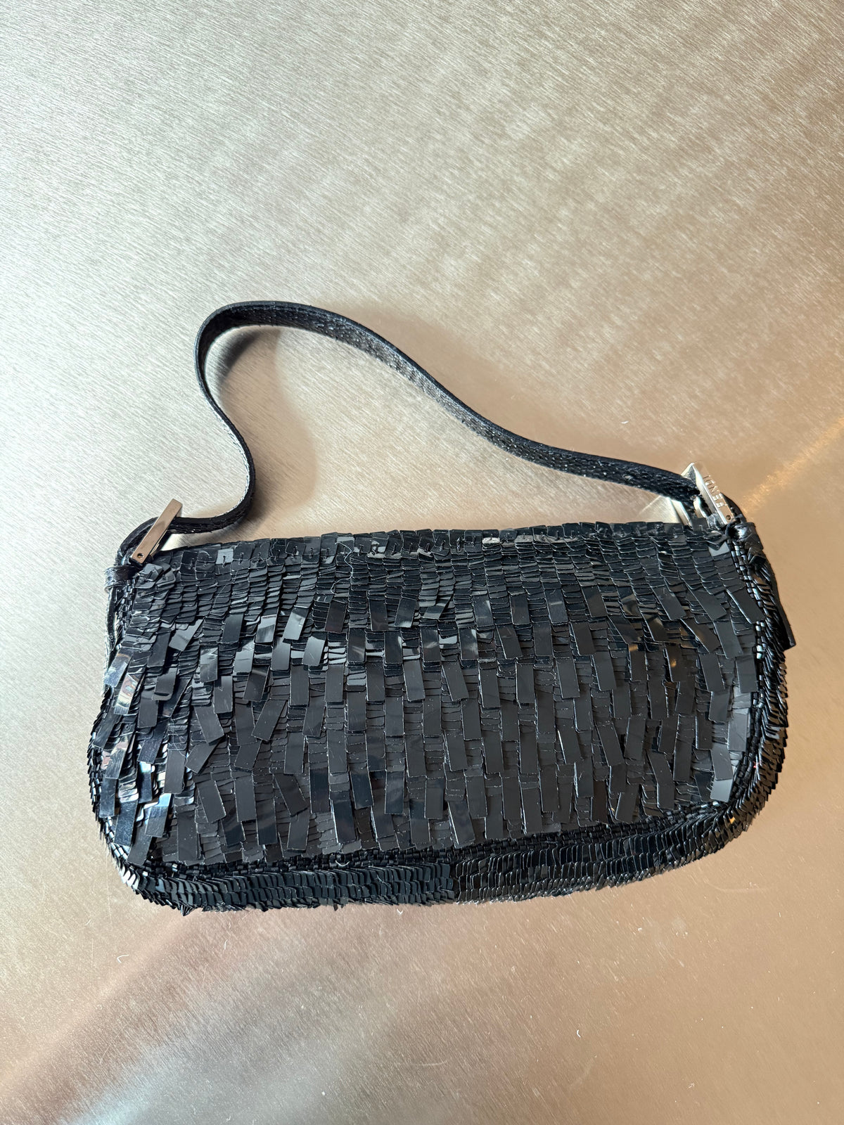 FENDI BLACK SEQUIN & PYTHON TRIM BAGUETTE